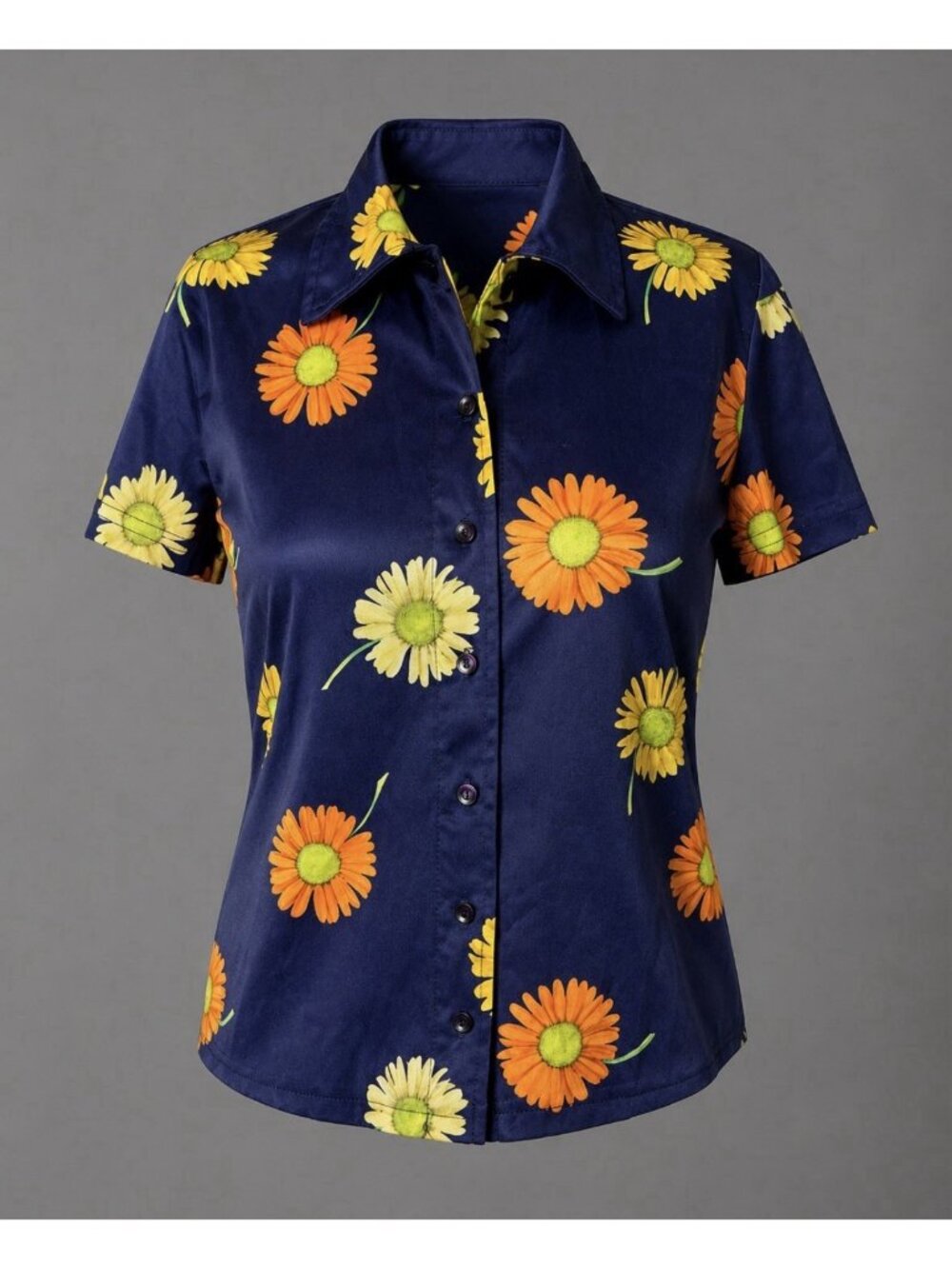 Vintage 90s Does 70s Womens S Short Sleeve Daisy Flower Print Polyester Top